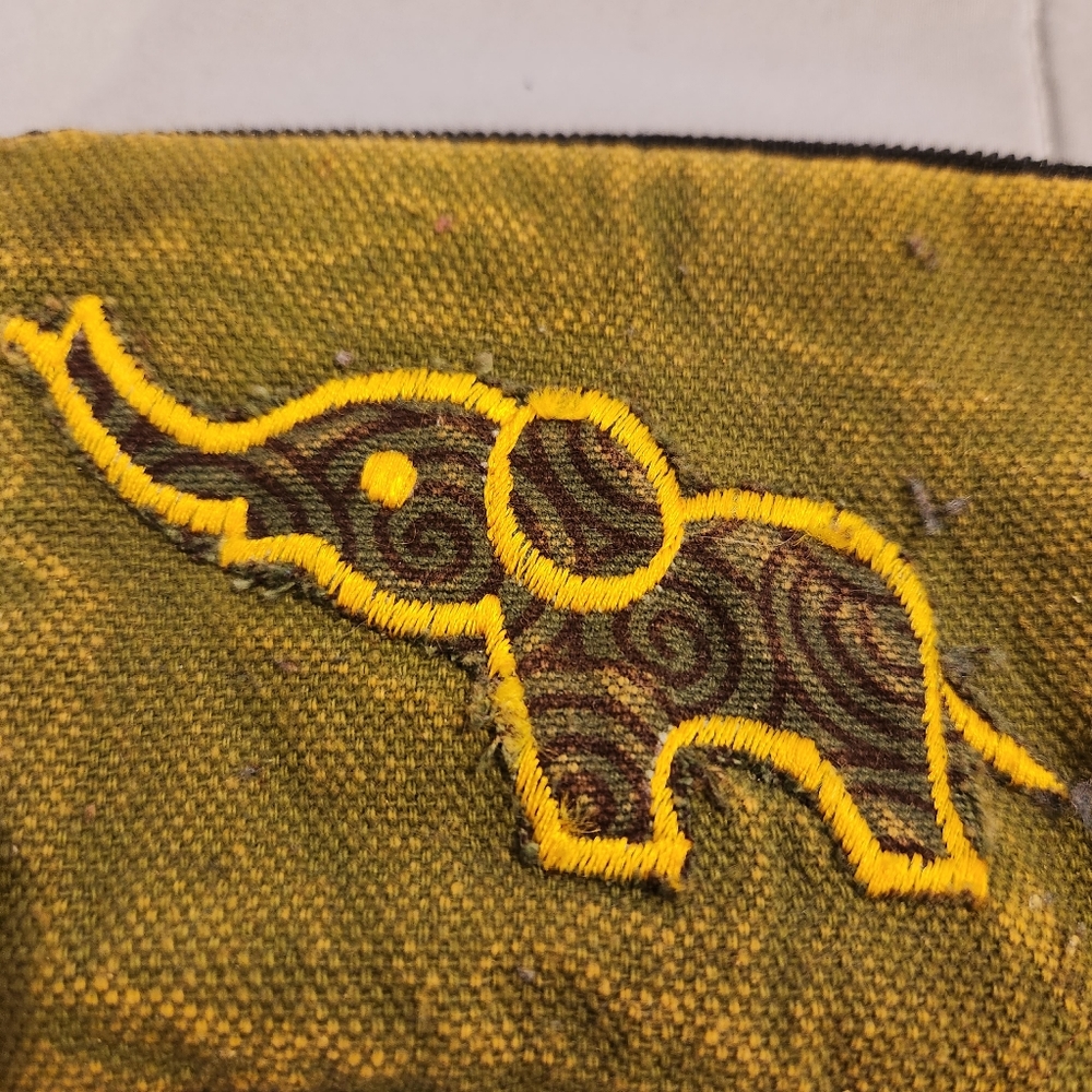Hand Crafted Green/ Multi Zipper Pouch Wallet Elephant Embroidered on the Front